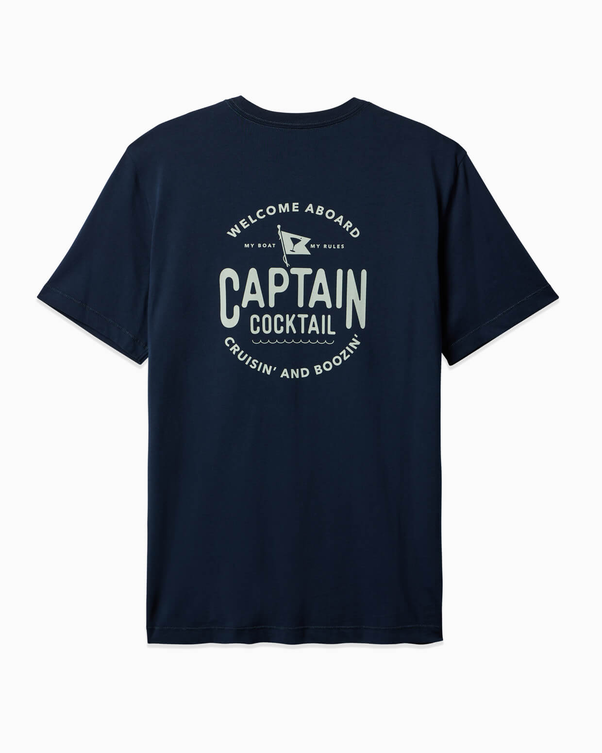 Men's navy t-shirt with "CAPTAIN COCKTAIL" and yacht club design, angled on a clean background.