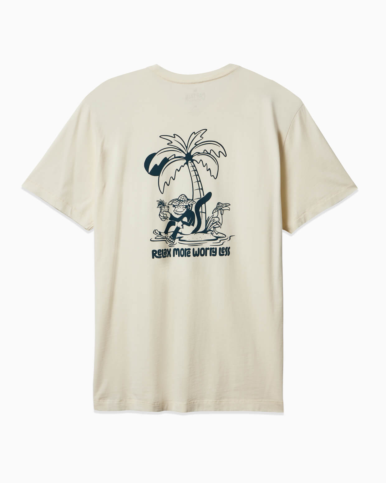 Men's cream T-shirt with palm tree and relaxed character graphic, reading "Relax More Worry Less" – Back View.