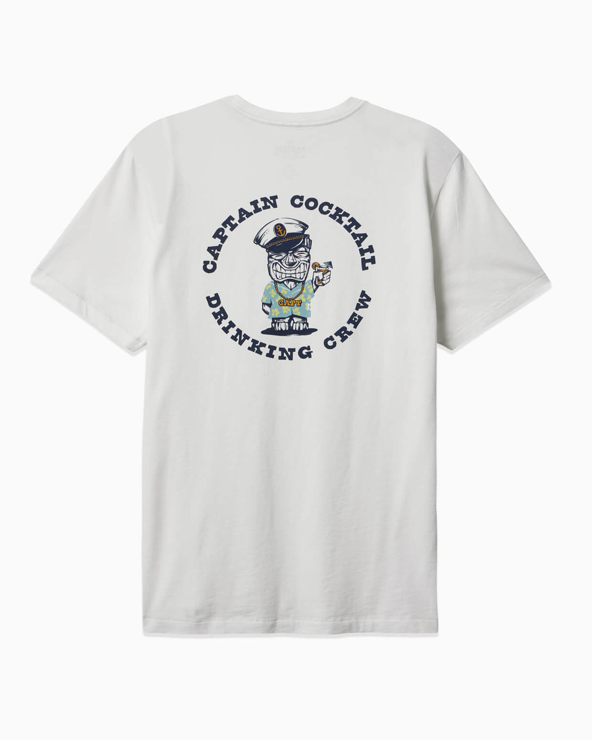 Men's white short-sleeve T-shirt with Captain Cocktail Drinking Crew graphic, featuring a cartoon captain, back view.