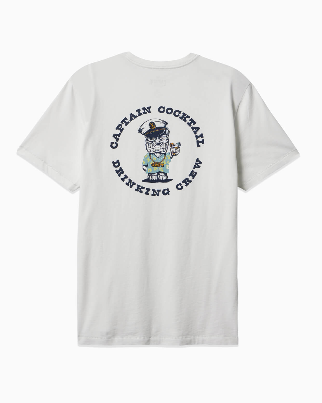 Men's white short-sleeve T-shirt with Captain Cocktail Drinking Crew graphic, featuring a cartoon captain, back view.