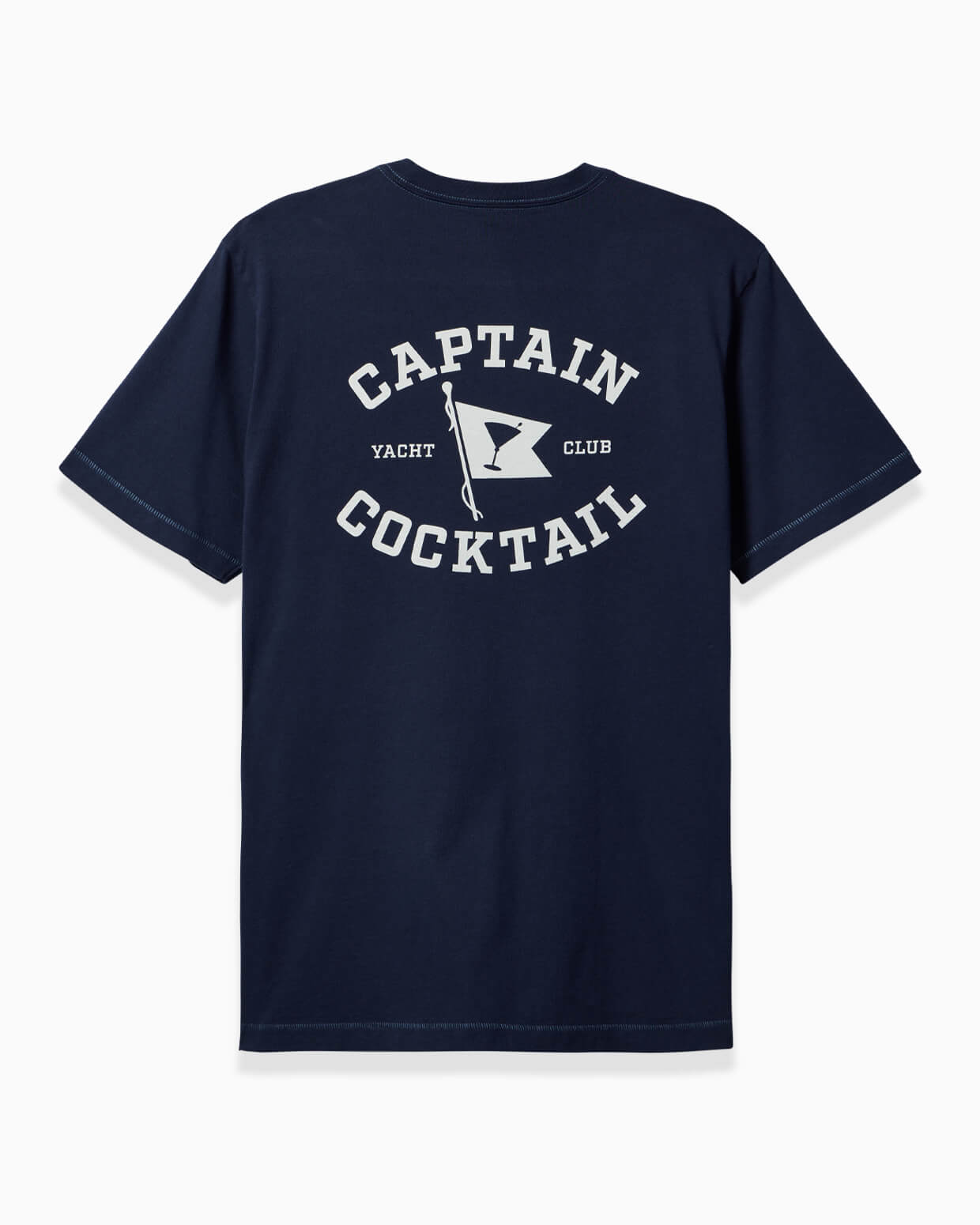 Men's navy t-shirt with "CAPTAIN COCKTAIL" and yacht club design, angled on a clean background.