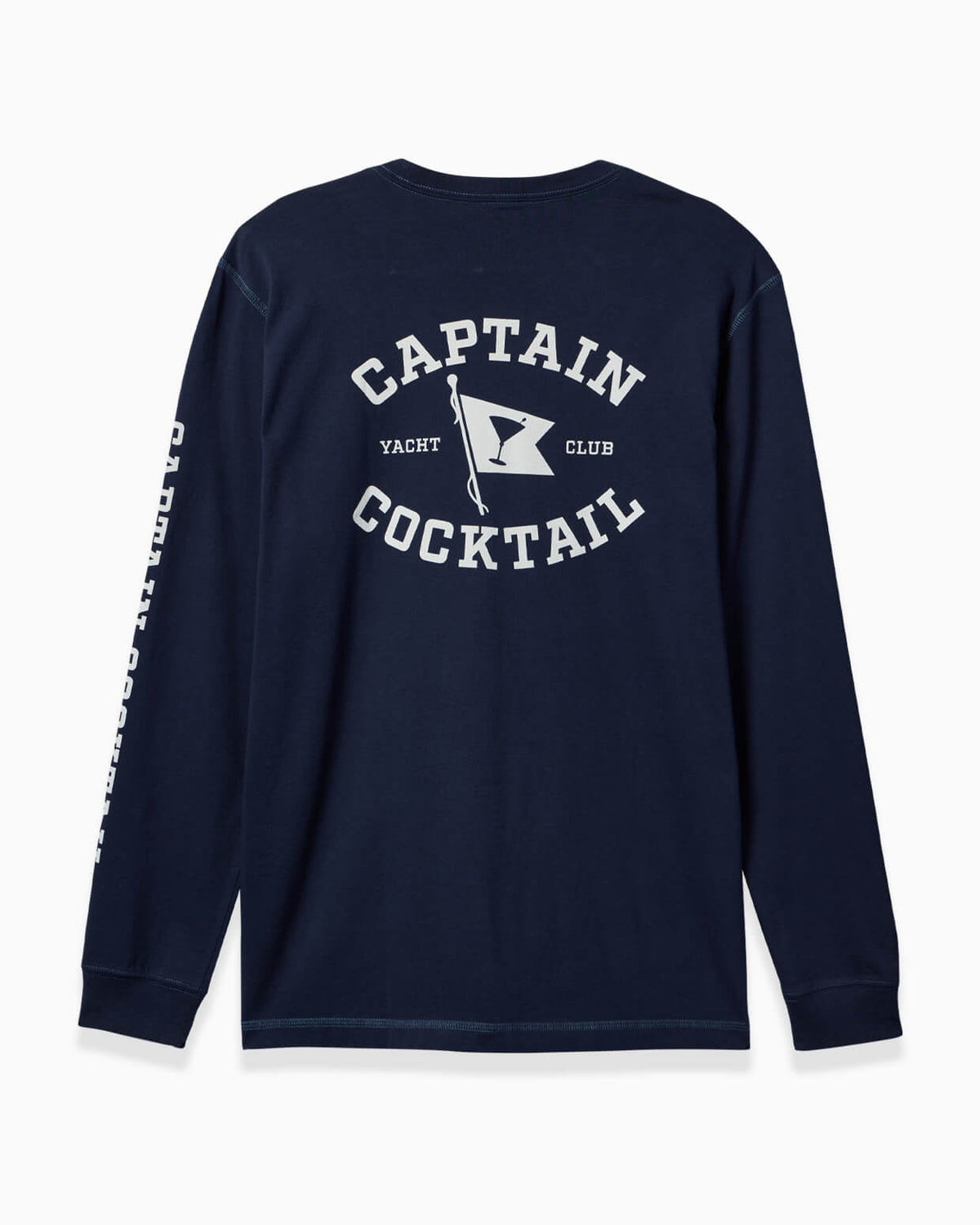 Men's navy long-sleeve T-shirt with Captain Cocktail Yacht Club graphic on the back and sleeve print, angled view.