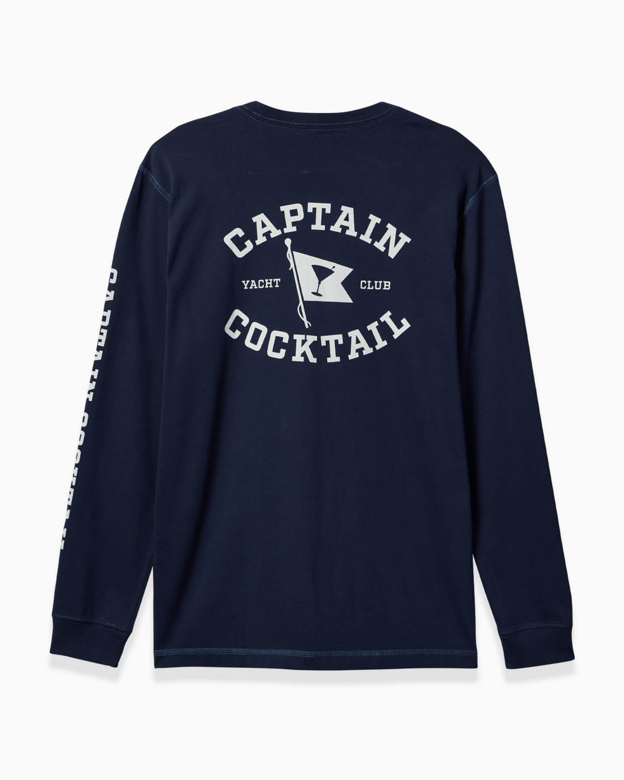 Men's navy long-sleeve T-shirt with Captain Cocktail Yacht Club graphic on the back and sleeve print, angled view.
