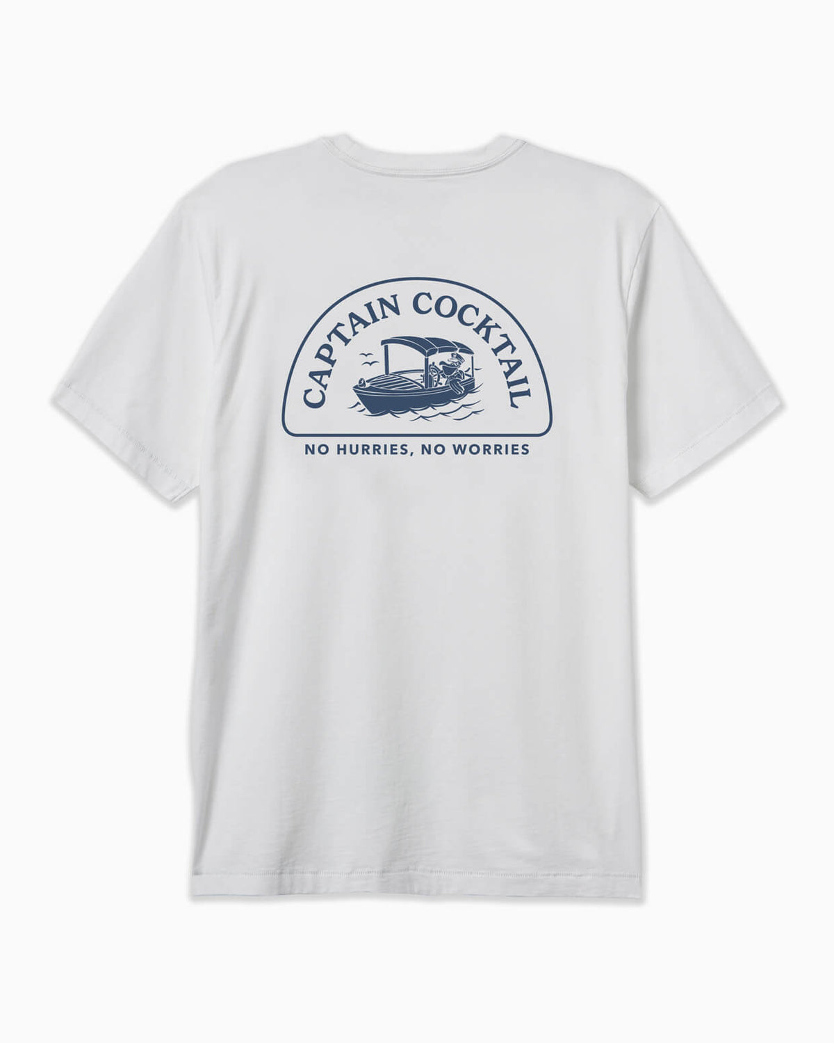 Men's white t-shirt featuring Captain Cocktail boat graphic and "No Hurries, No Worries" phrase, shown flat on a simple background.