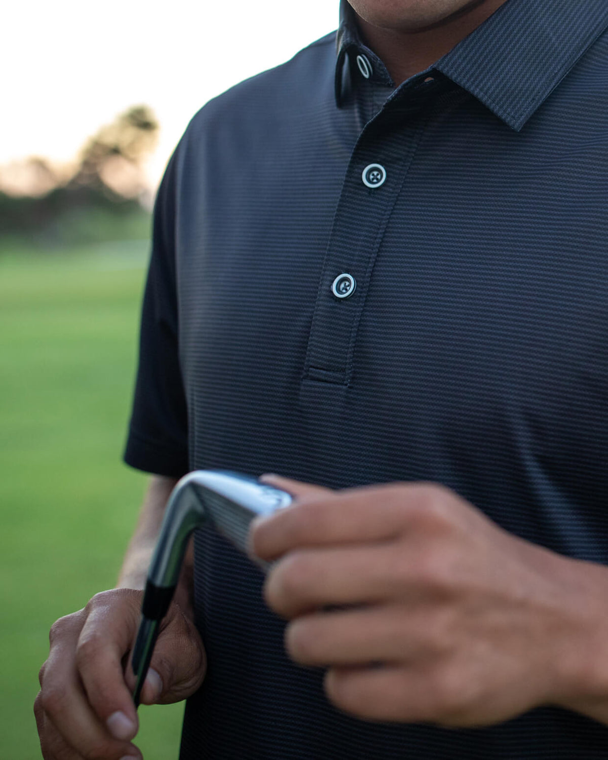 Ace | Performance Polo CHARCOAL MICRO STRIPE lifestyle detail #color_charcoal micro stripe