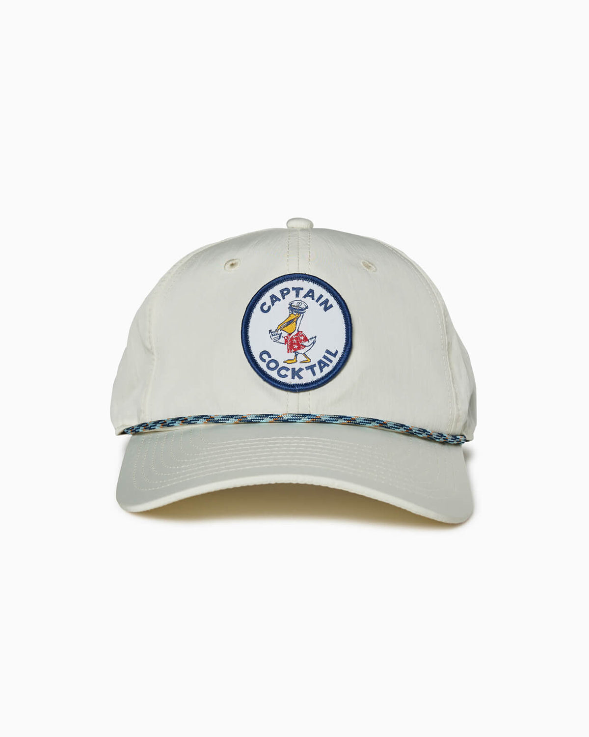Off-white “Captain Cocktail” baseball cap with embroidered duck patch and patterned rope across brim, front studio view.