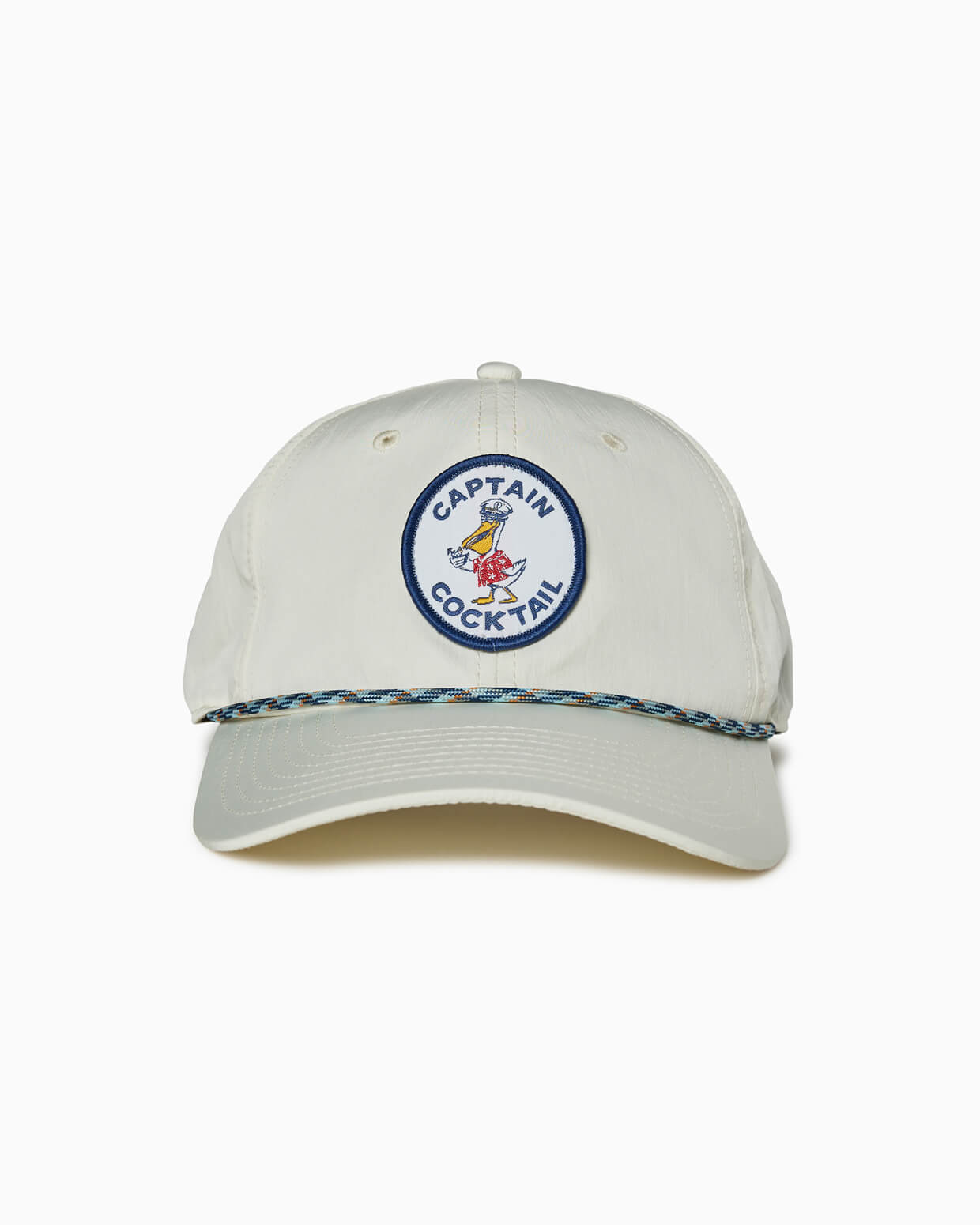 Off-white “Captain Cocktail” baseball cap with embroidered duck patch and patterned rope across brim, front studio view.