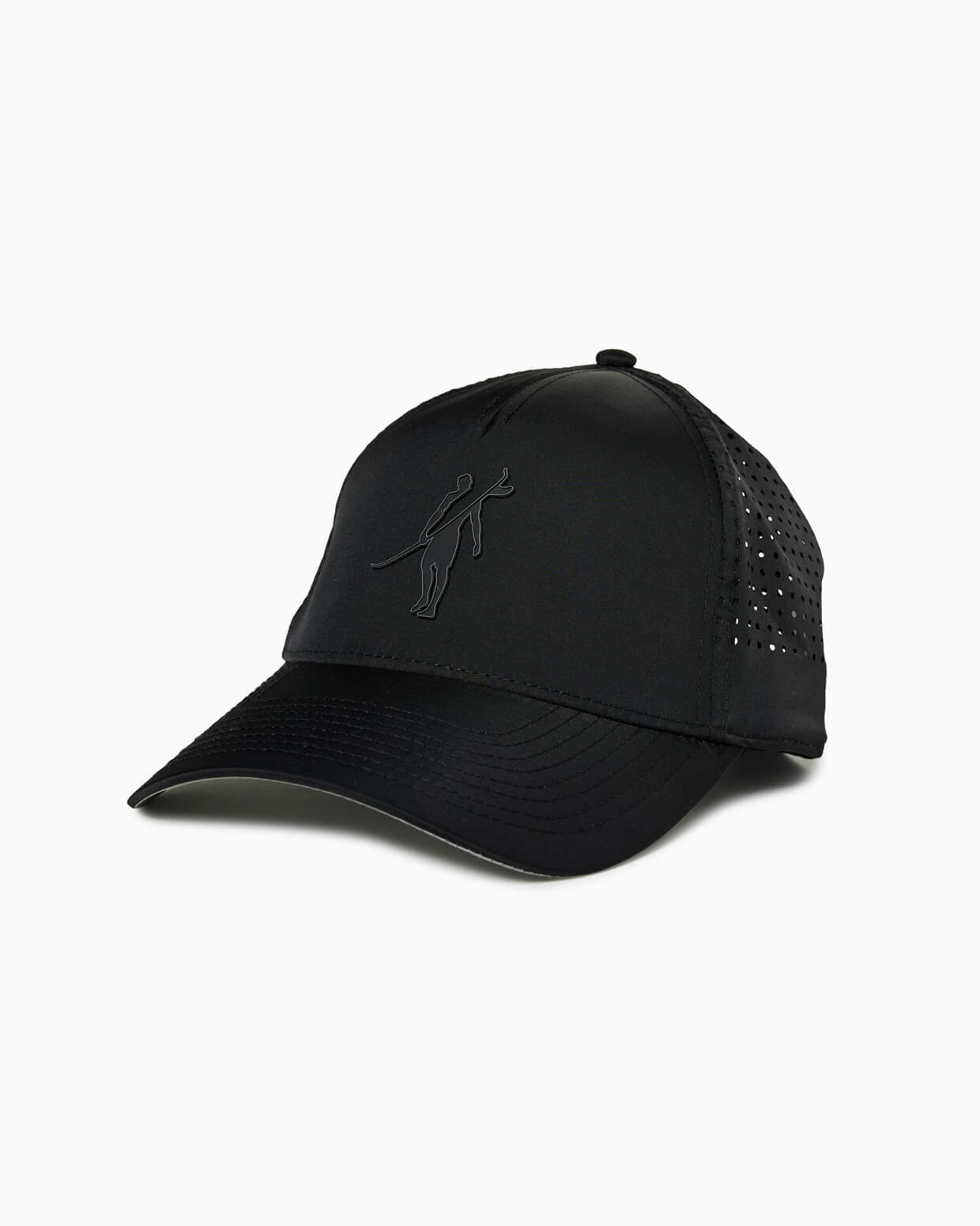 Black performance cap with tonal Toes on the Nose logo and perforated side panels, angled studio view.