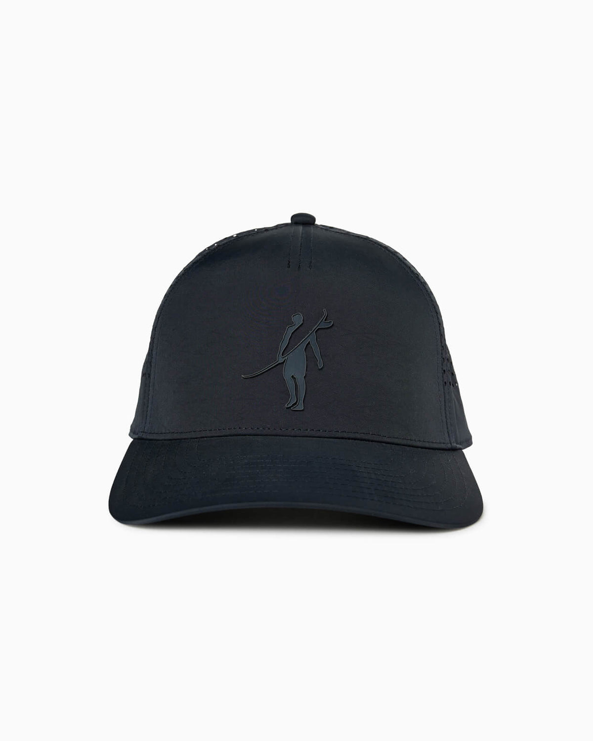 Front view of navy performance cap with tonal Toes on the Nose logo, curved bill.