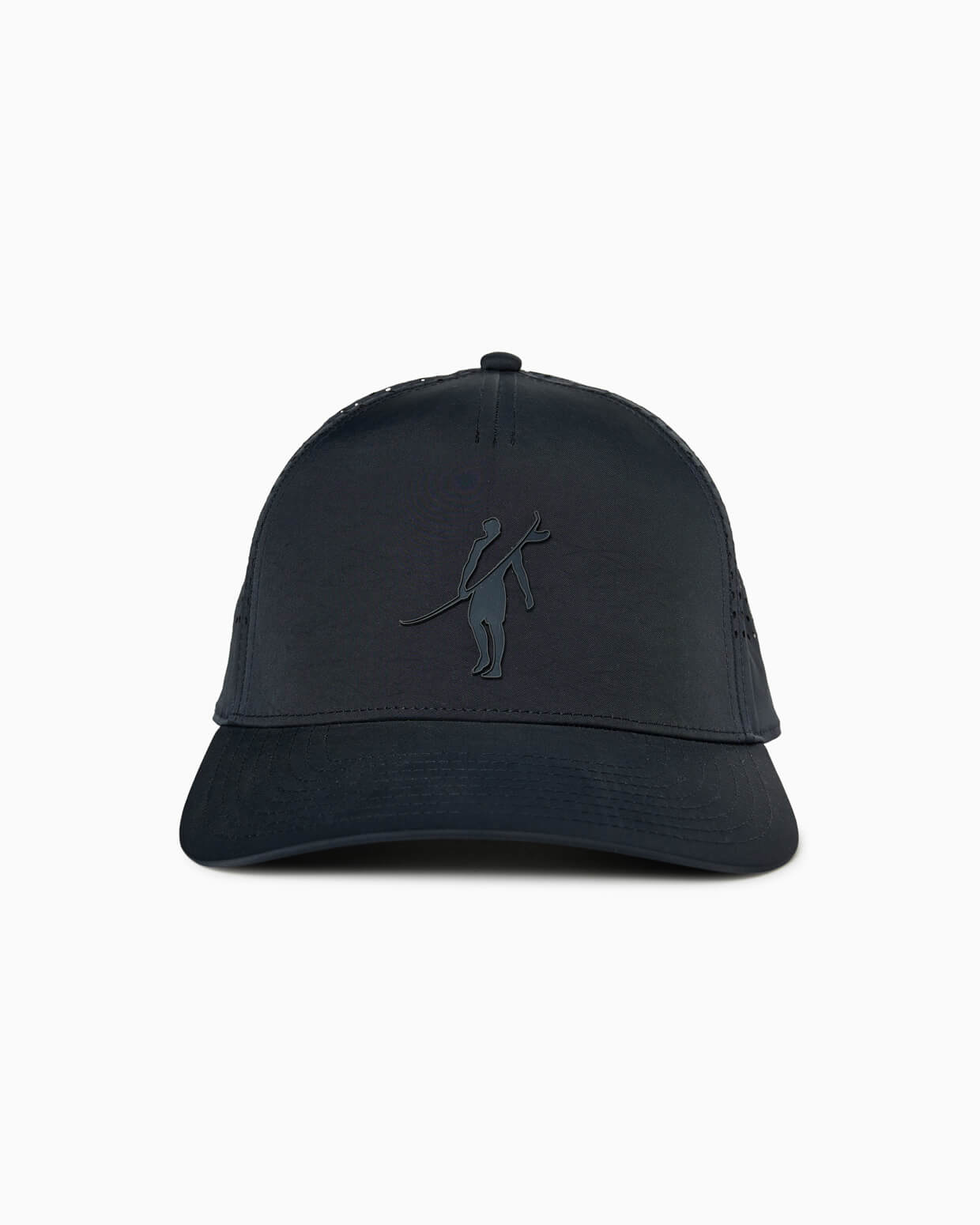 Front view of navy performance cap with tonal Toes on the Nose logo, curved bill.