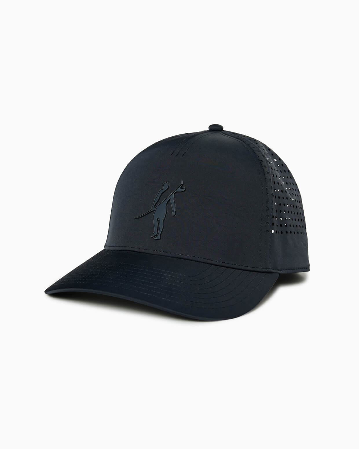 Dark navy performance cap with tonal Toes on the Nose logo and perforated side panels, angled studio view.