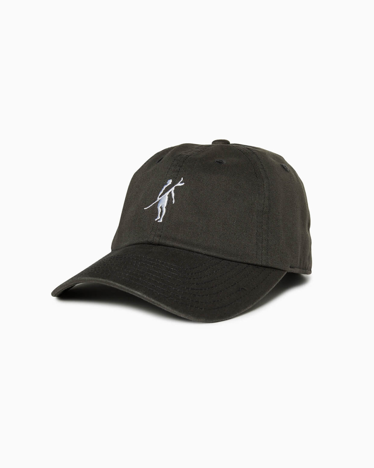 Black baseball cap with white Toes on the Nose logo embroidered on front, angled studio view.