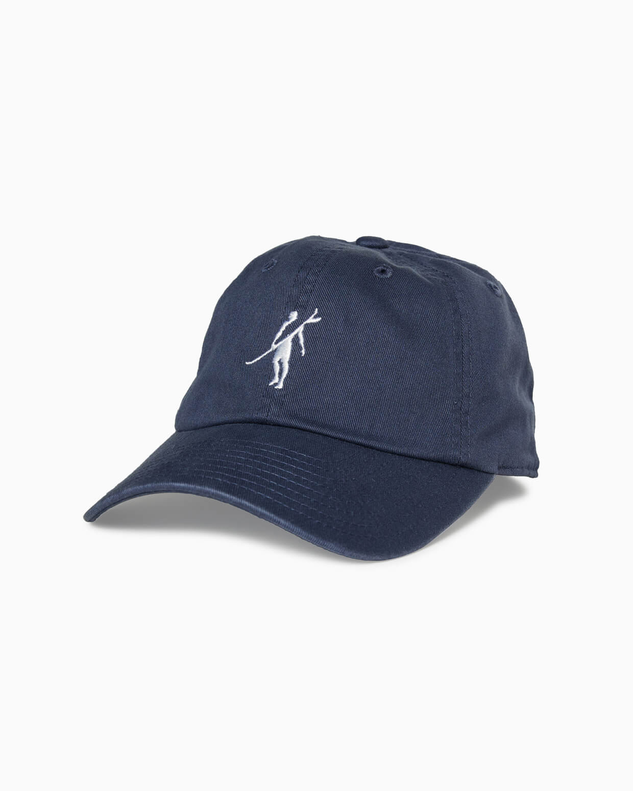 Navy baseball cap with white Toes on the Nose logo, angled studio view