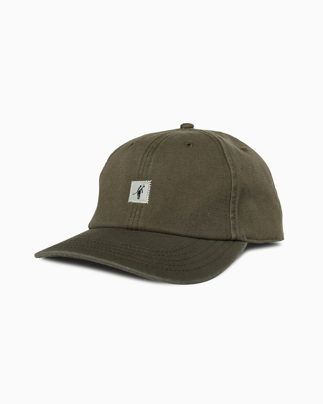 Olive baseball cap with small square Toes on the Nose surfer patch, angled studio view.