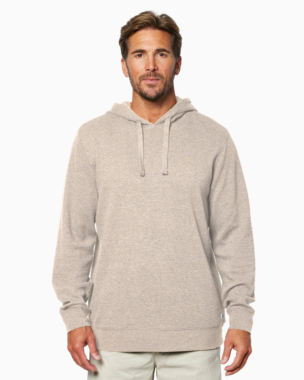 Man wearing a beige hoodie on a white background

#color_light stone