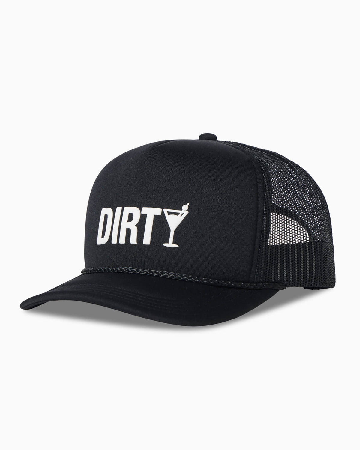 Black trucker cap with 'DIRTY' and a martini glass graphic on a white background #color_black