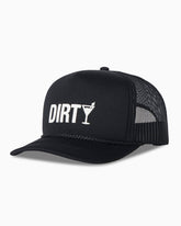 Black trucker cap with 'DIRTY' and a martini glass graphic on a white background #color_black