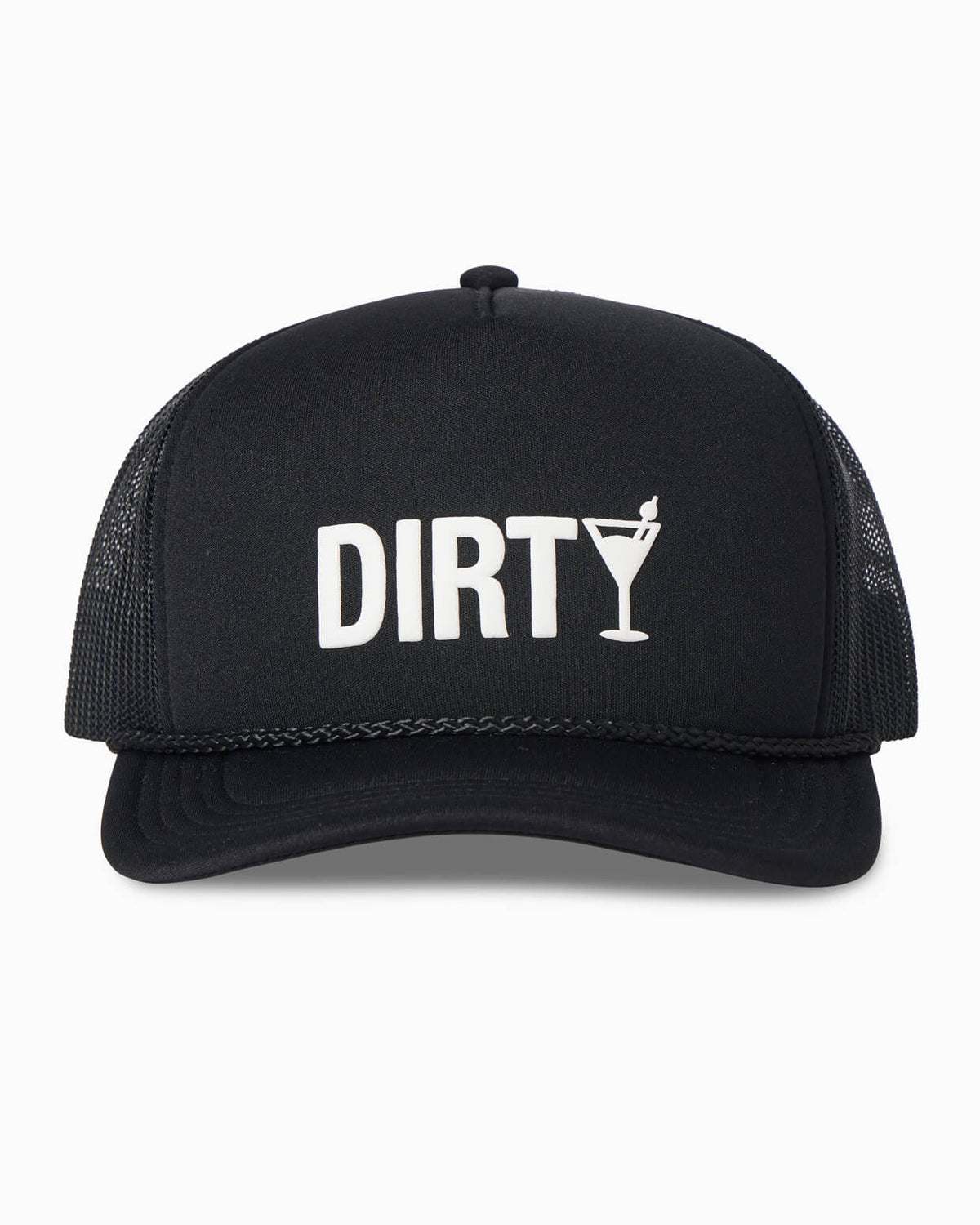 Black foam trucker hat with 'DIRTY' and a martini glass icon on a white background
#color_black