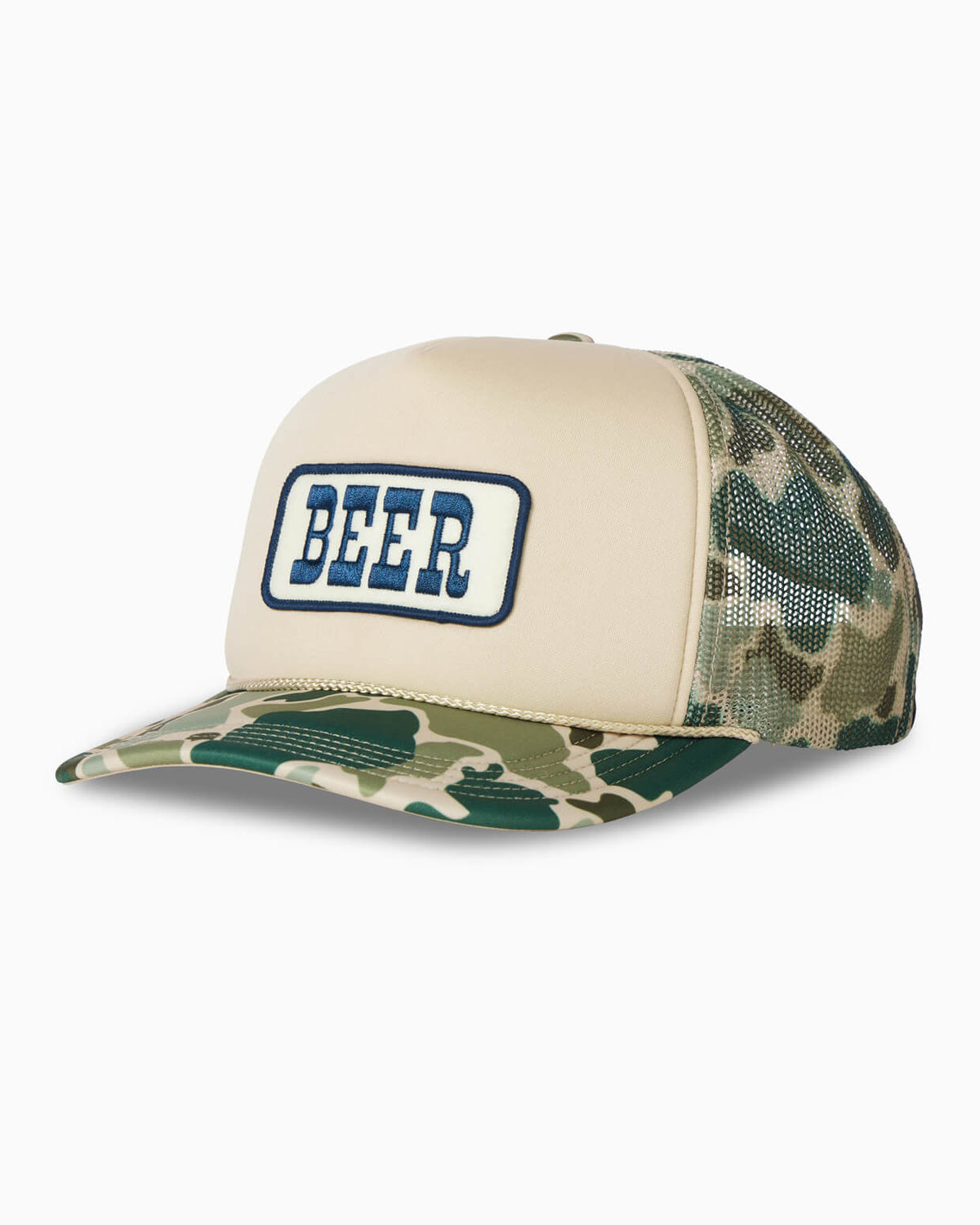 Camouflage trucker hat  cap with 'BEER' logo on a white background #color_camo