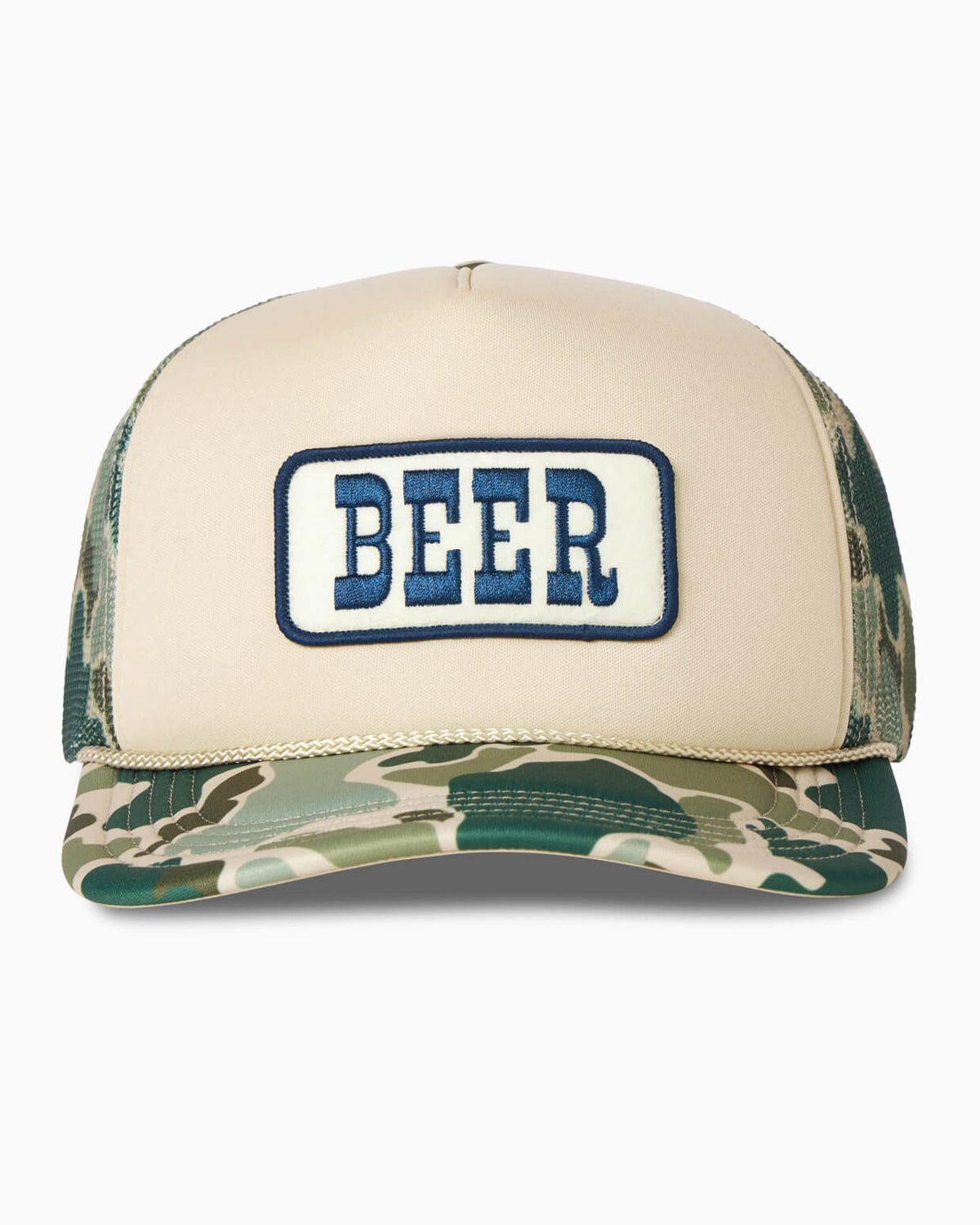 Trucker hat with 'BEER' patch on a white background #color_camo