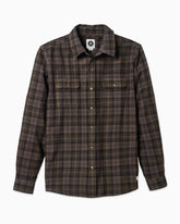 Men's coffee flannel displayed on simple white background #color_coffee plaid