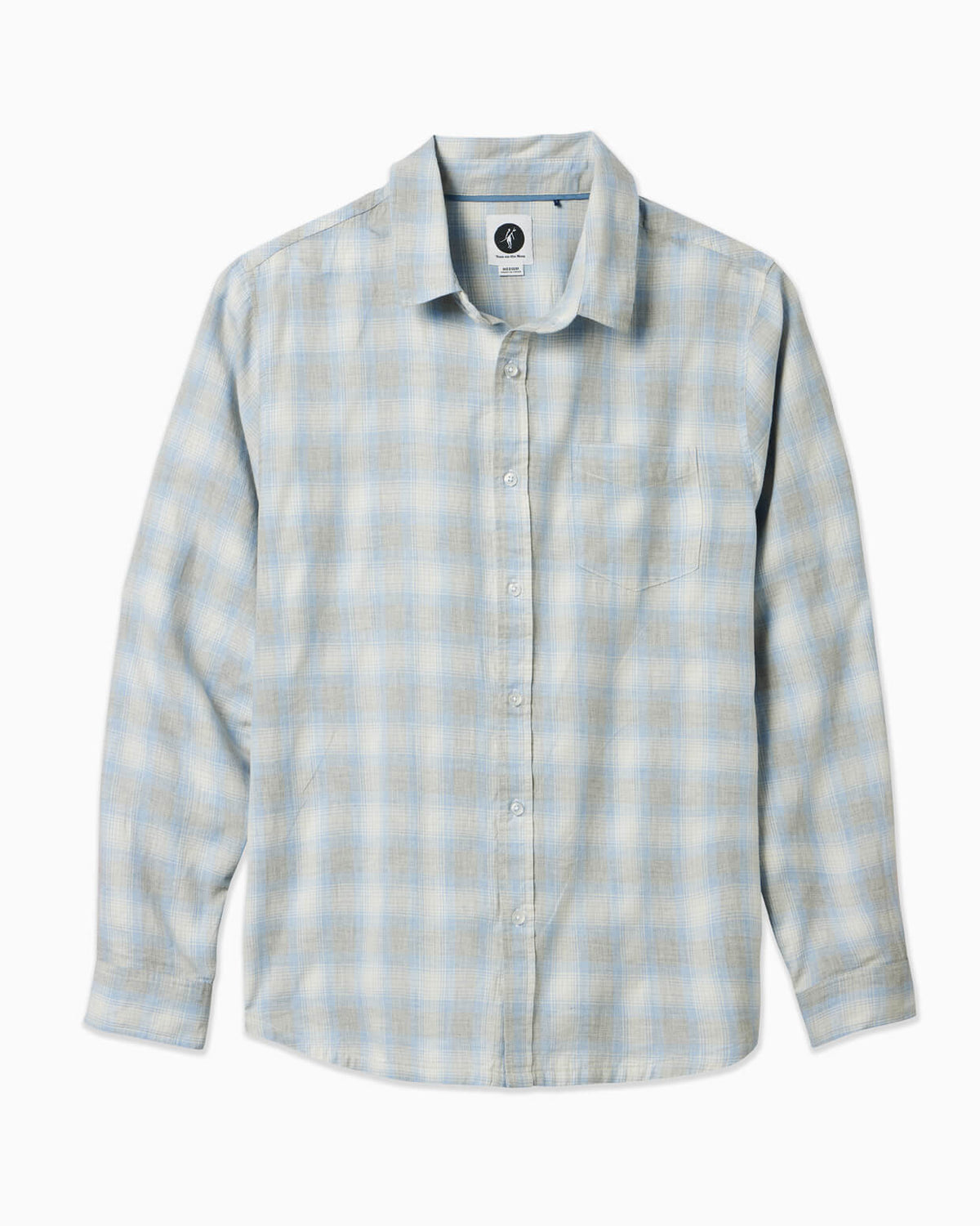 Men's heather grey button up displayed on simple white background #corlor_heather grey plaid