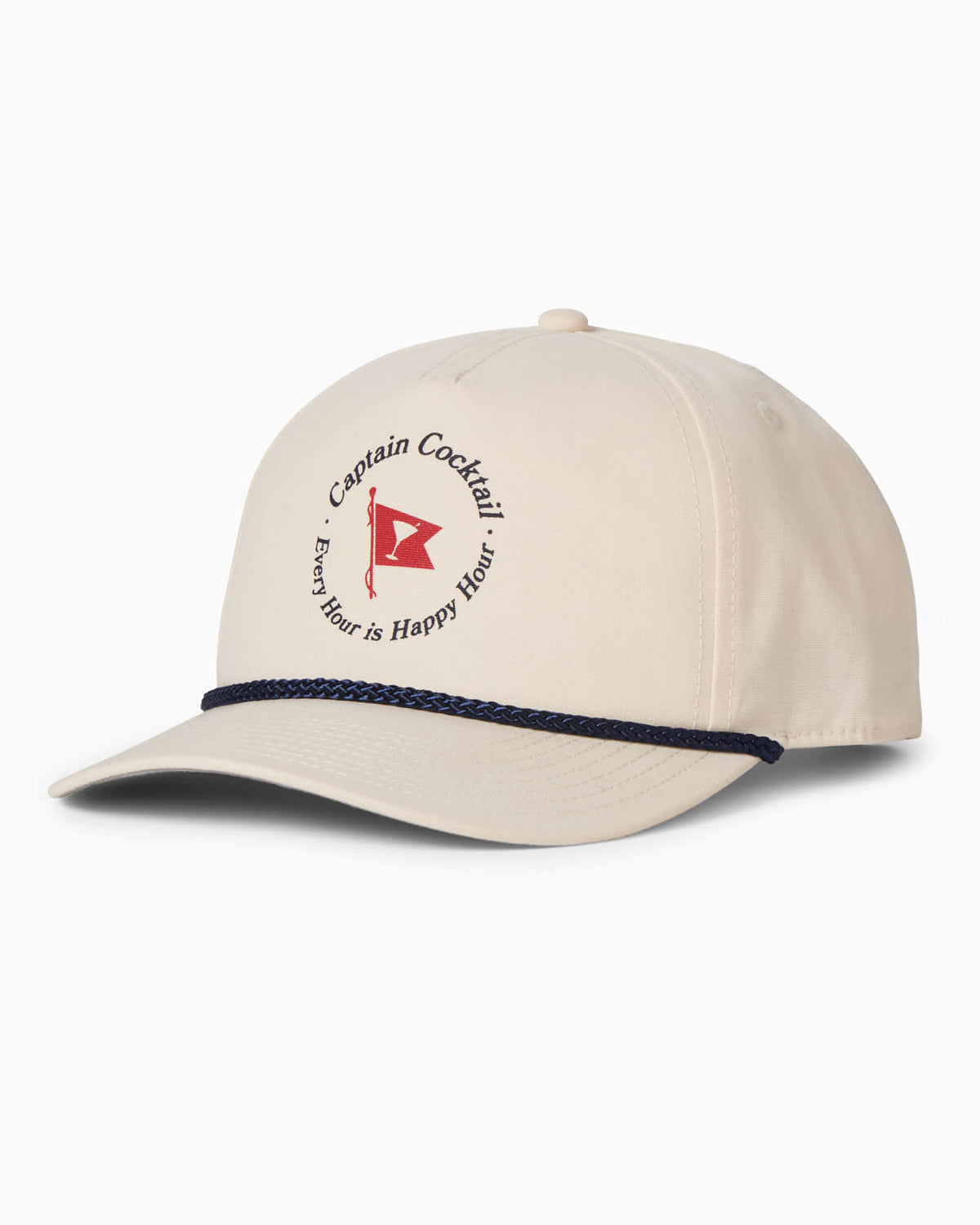 Mens natural happy hour snapback with red captain cocktail logo on  white background #color_ivory