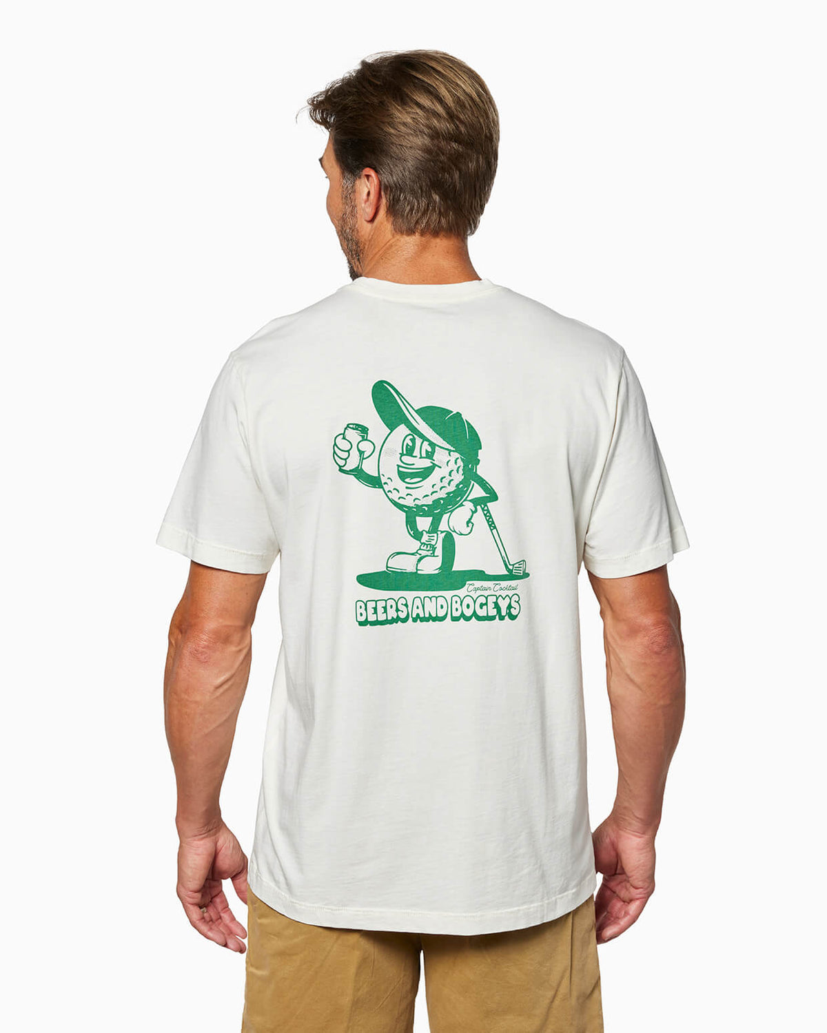 Man wearing a natural t-shirt beers and bogeys logo on the back. #coclor_natural