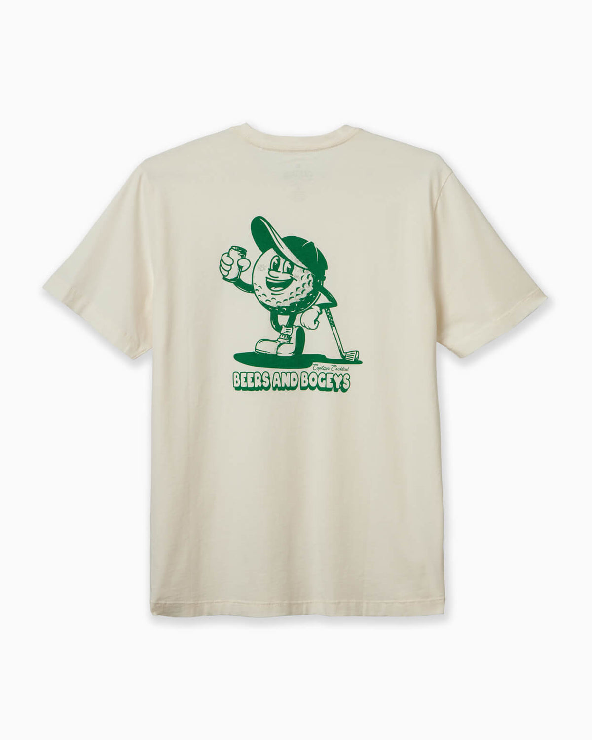 Men's natural t-shirt with beers and bogeys logo displayed on white background 