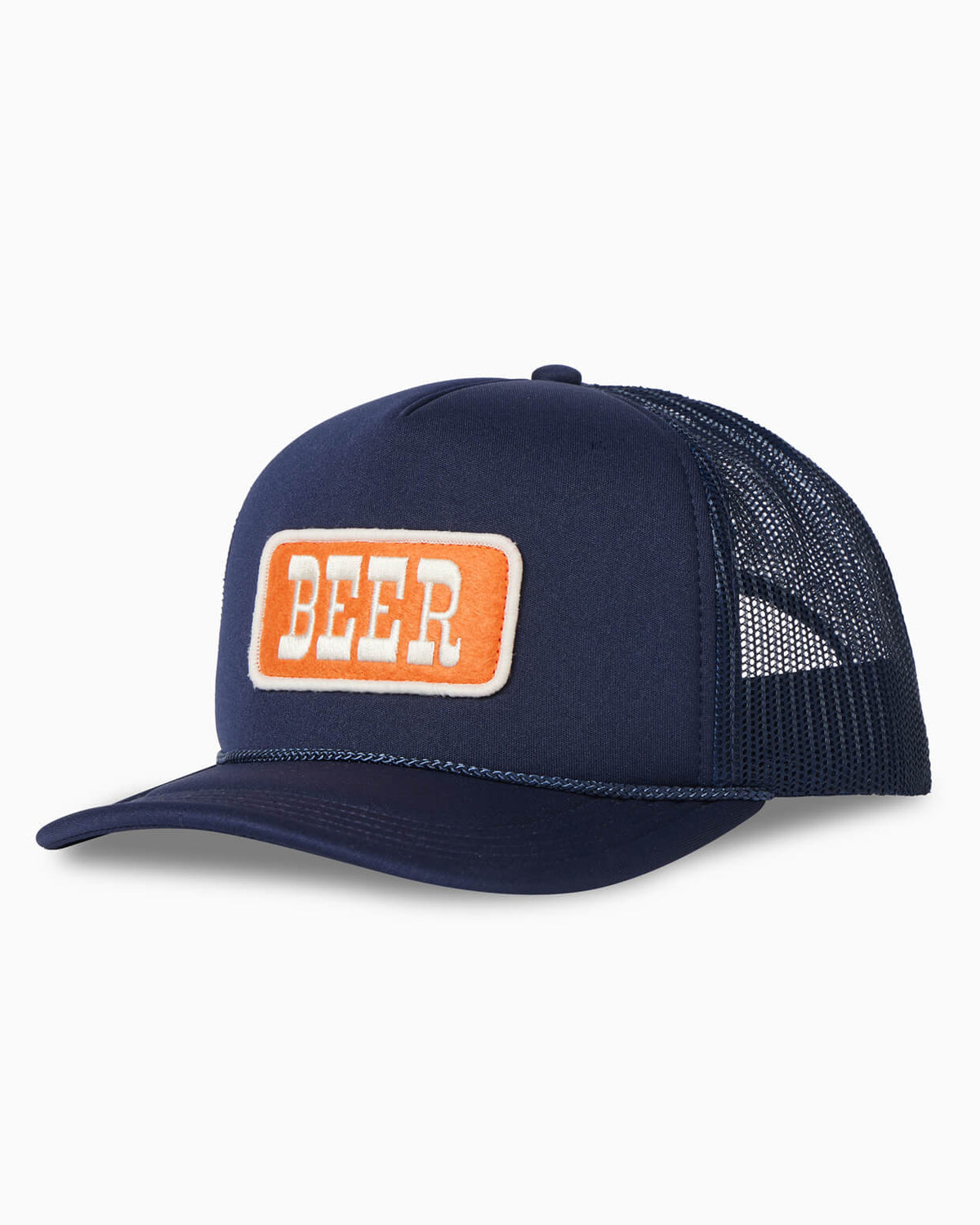 Navy blue trucker cap with orange and white 'BEER' logo on a white background #color_navy