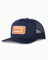 Navy blue trucker cap with orange and white 'BEER' logo on a white background #color_navy