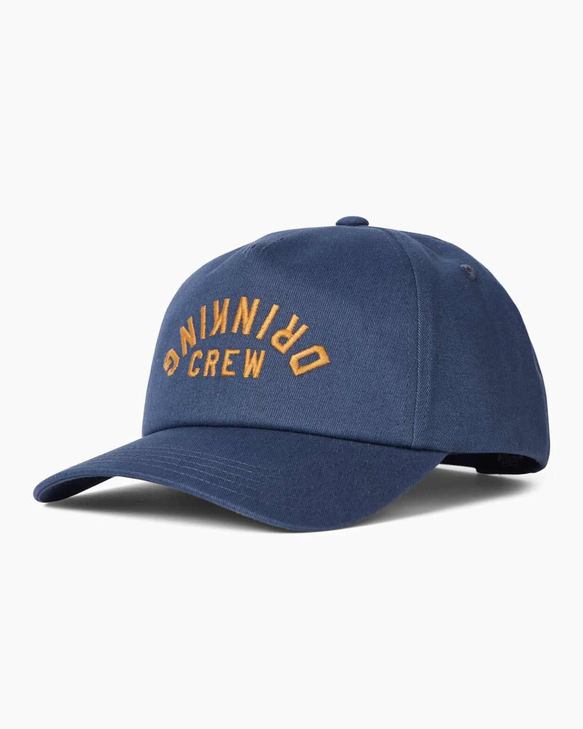 Navy hat with yellow text "DRINKING CREW" on a white background #color_navy