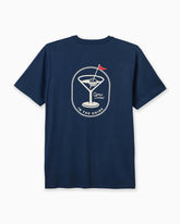 Navy blue t-shirt with a graphic of a martini glass and a red flag on a white background #color_navy