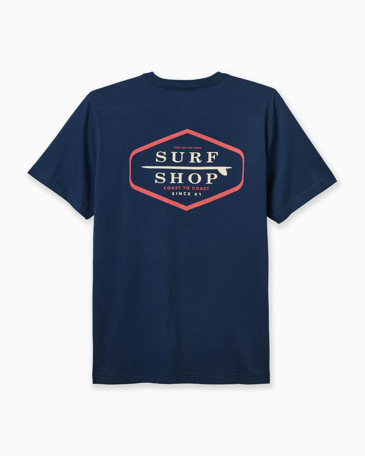 Mne's navy t-shirt with surf shop design displayed on a white background