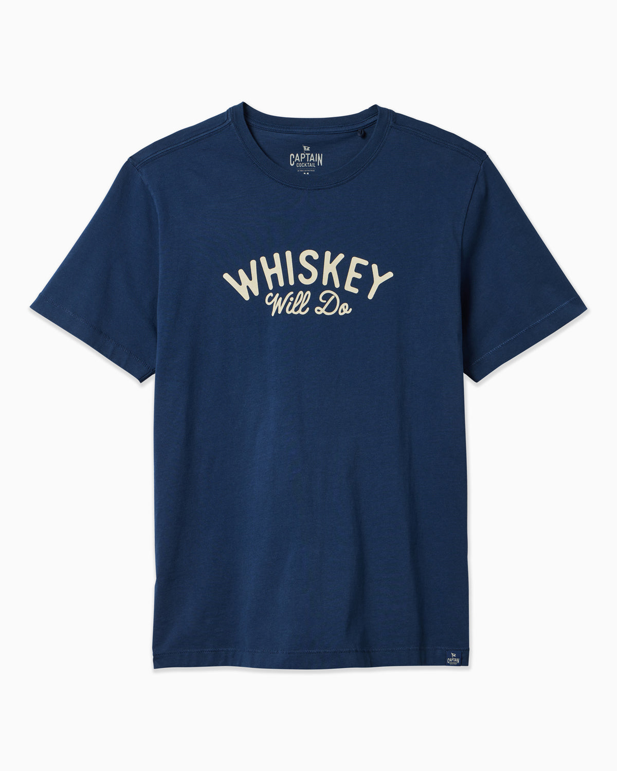 Men's navy  t-shirt with 'WHISKEY Will Do' text on a white background #color_navy