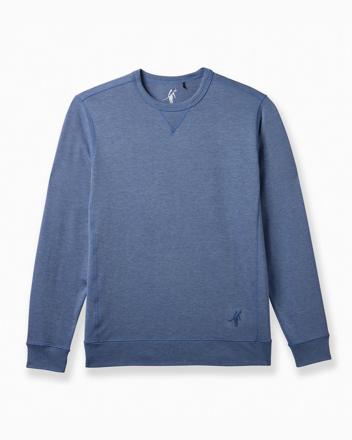 A heathered blue crewneck sweatshirt with a small embroidered logo on the lower left hem, displayed flat against a clean white background. #color_ocean
