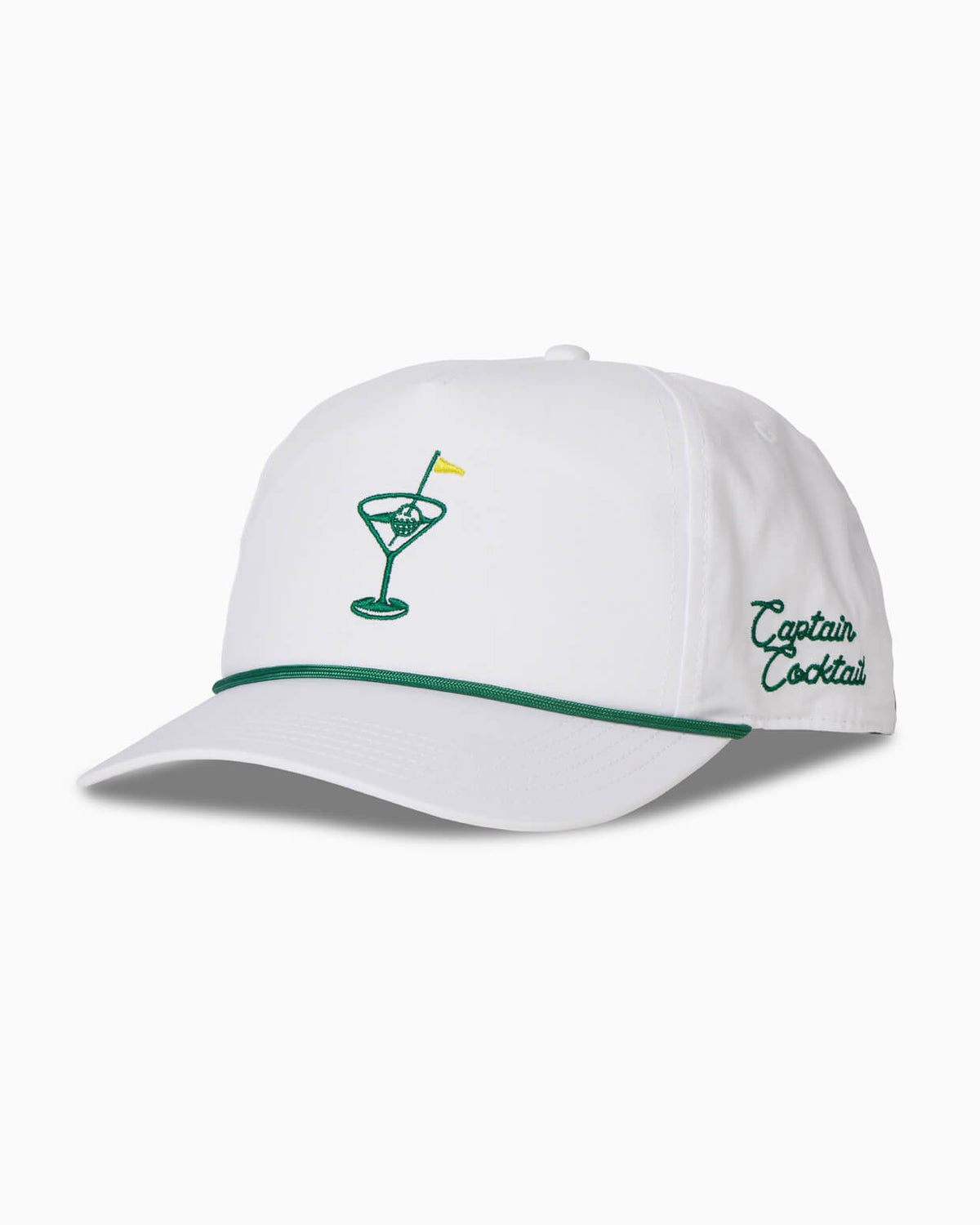 White cap with cocktail glass design and 'Captain Cocktail' text on a white background #color_white