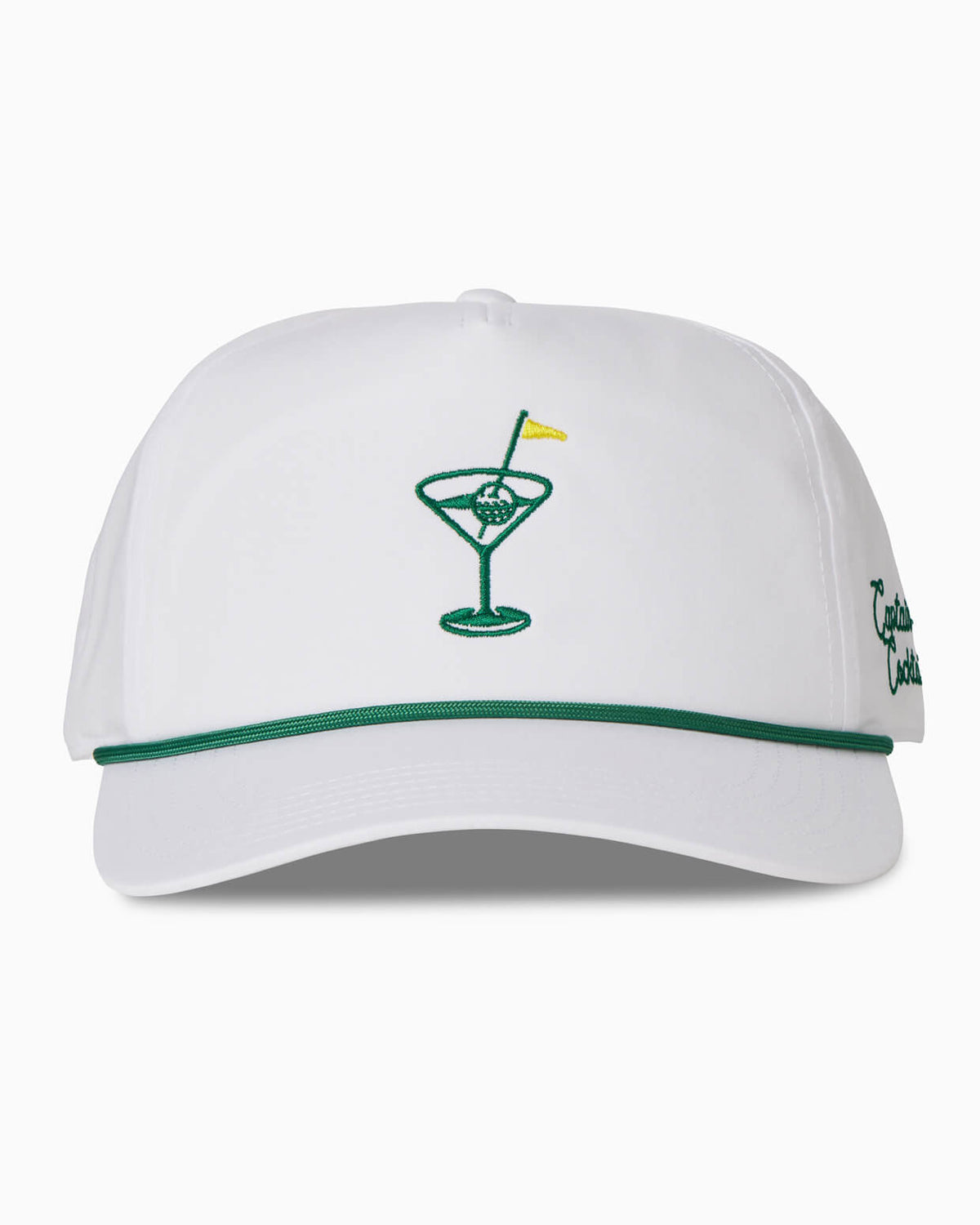 White snapback with green accents and a martini glass logo on a white background
#color_white 