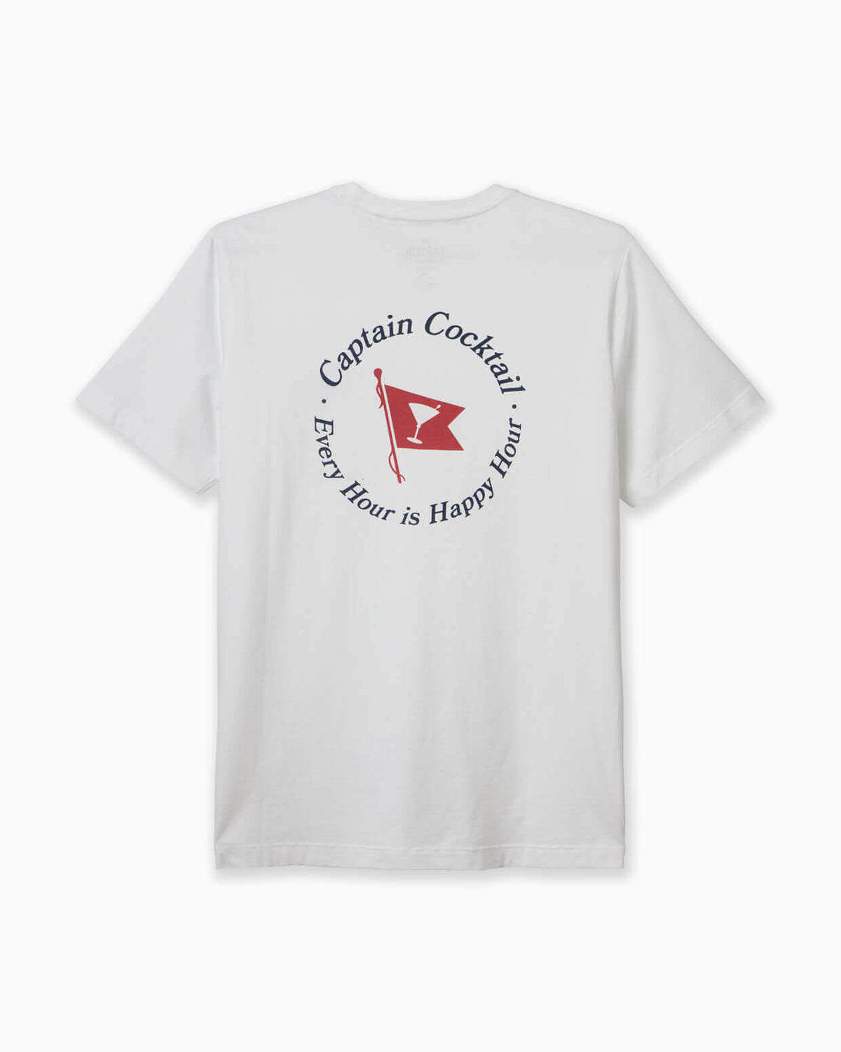 White t-shirt with Captain Cocktail logo and text on a white background #color_white