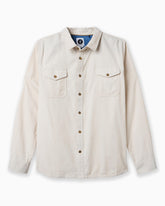 Beige button-up shirt with two front pockets on a white background #color_merit birch