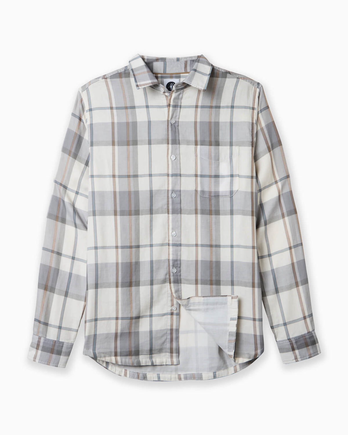 Plaid shirt with gray and beige pattern on a white background #color_deuce birch