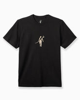 A black short-sleeve crewneck t-shirt featuring a small beige graphic of a figure holding a bow on the left chest, displayed against a clean white background. 

#color_black