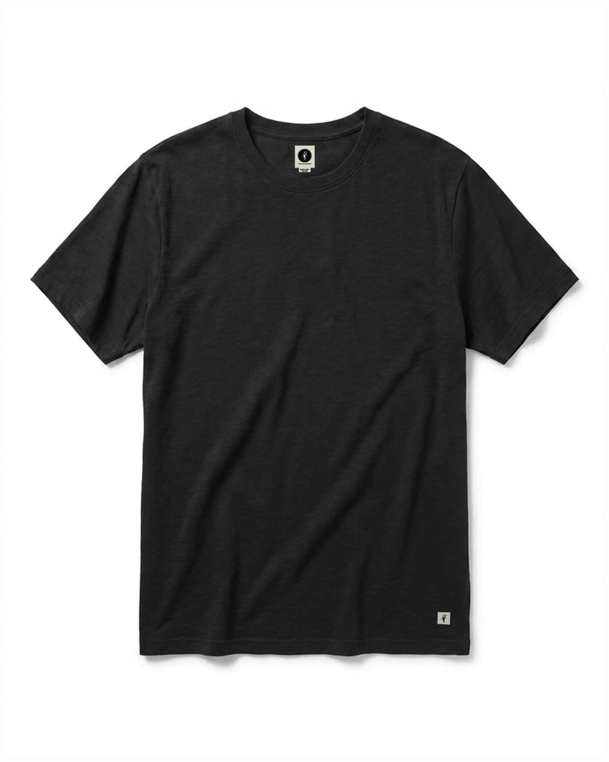 A black short-sleeve crewneck t-shirt with a small white square logo on the bottom right hem and a circular neck label, displayed flat against a white background. #color_black slub