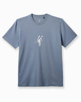 A heathered slate blue crewneck t-shirt featuring a small white graphic of a figure holding a bow on the left chest, displayed against a clean white background. #color_blue flint