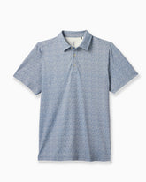 A short-sleeve polo shirt with a fine micro-pattern in light blue and white, featuring a two-button placket, shown on a clean white background. #color_grove blue