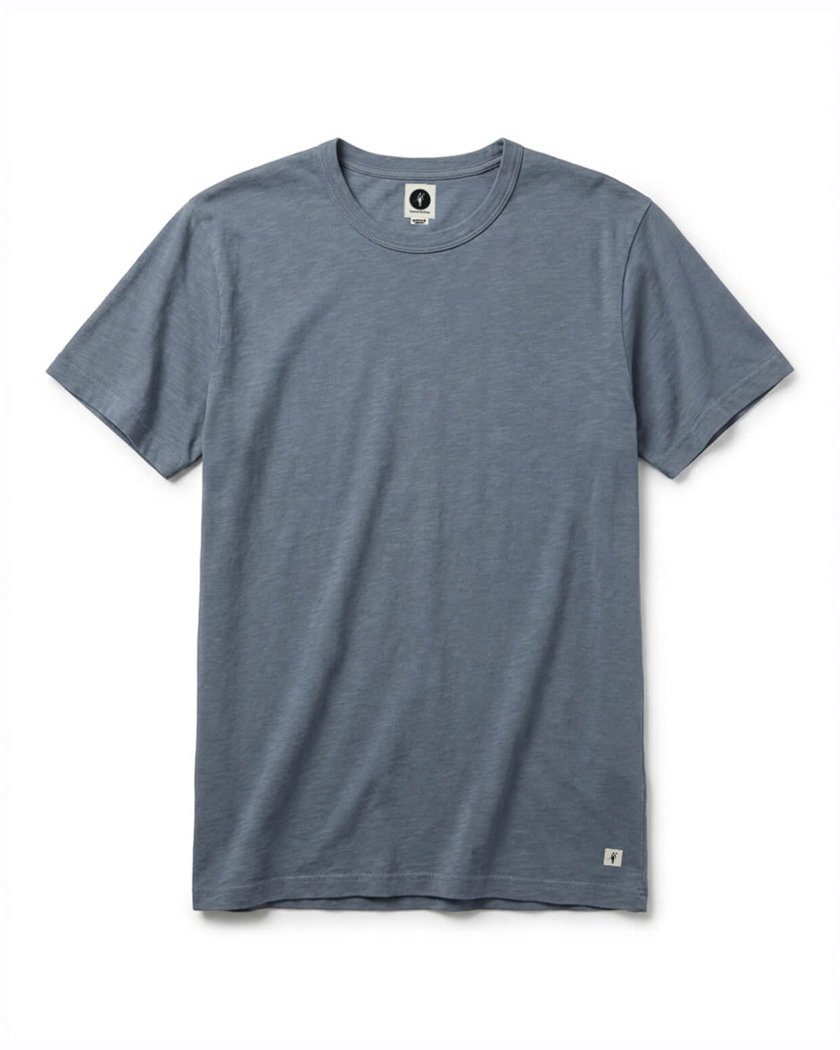 A short-sleeve crewneck t-shirt in a heathered slate blue-gray color, laid flat against a clean white background. #color_blue flint slub