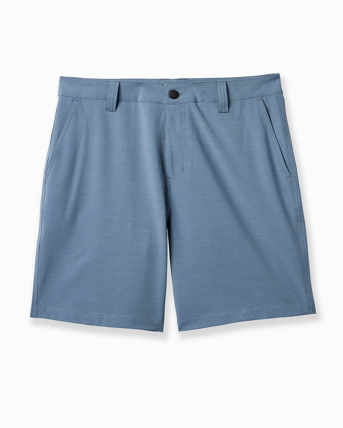 A pair of men's slate blue athletic shorts with a button closure, belt loops, and side pockets, shown flat on a light gray background. #color_core blue 