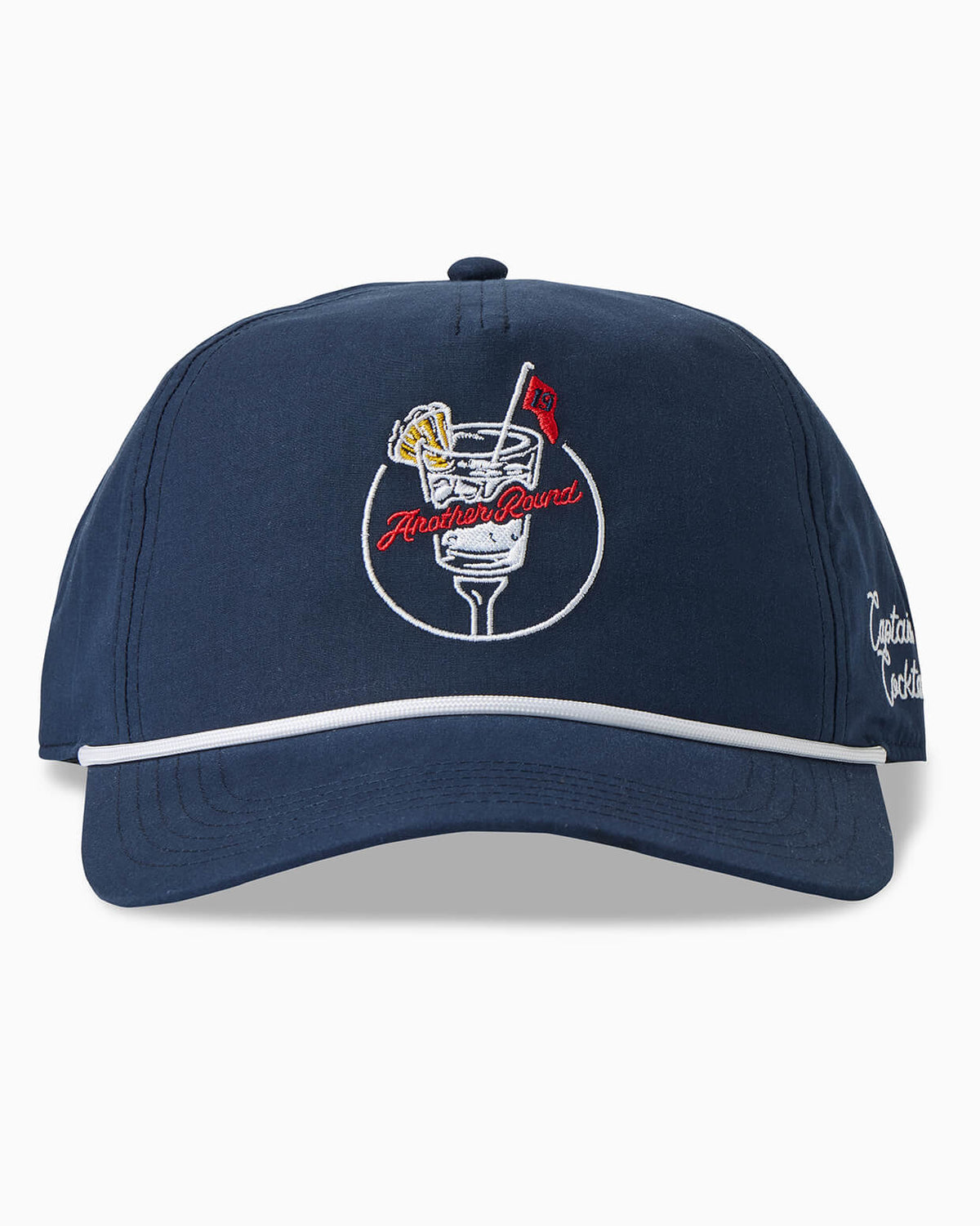 A navy blue baseball cap featuring a white embroidered circular logo on the front with a cocktail illustration and the text 'Maison Le Gourmand', plus a white piping detail along the brim. #color_navy