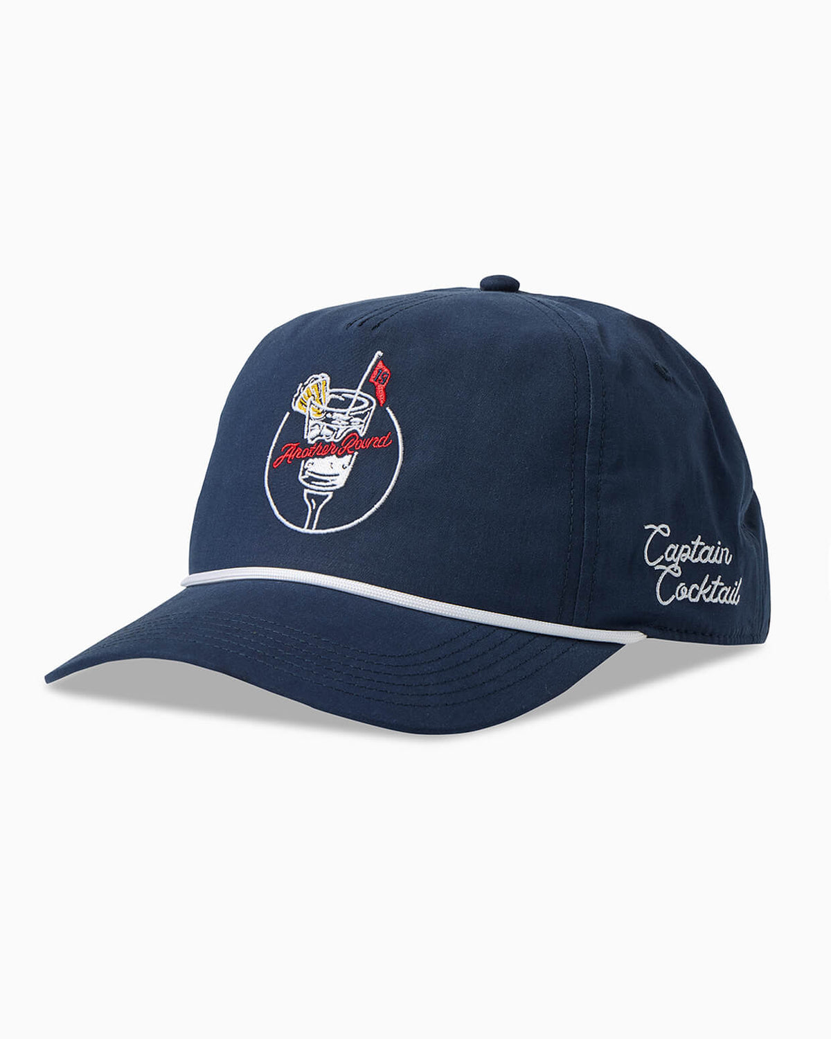 A navy blue baseball cap featuring a white embroidered 'Captain Cocktail' logo on the side and a cocktail graphic on the front, set against a plain white background. #color_navy