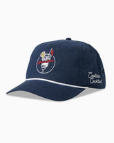 A navy blue baseball cap featuring a white embroidered 'Captain Cocktail' logo on the side and a cocktail graphic on the front, set against a plain white background. #color_navy